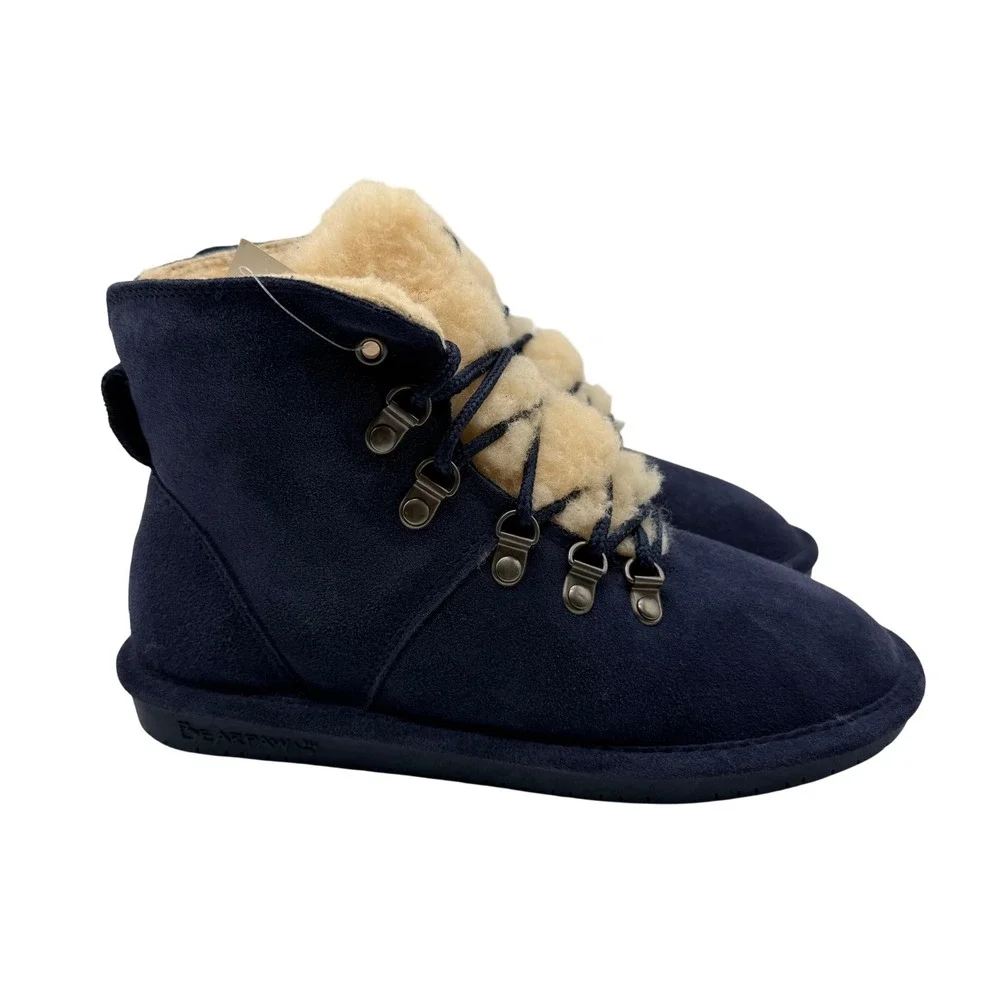 Bearpaw Suede Lace Up Boots Womens 8 Navy Blue New Sheepskin Fur Trim 2198W